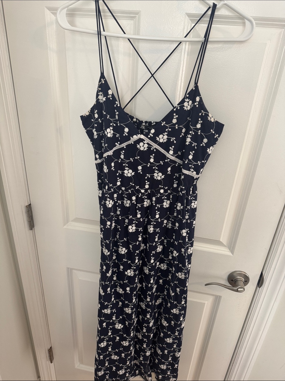 Zara Navy Blue Floral Midi Dress with White Blossoms